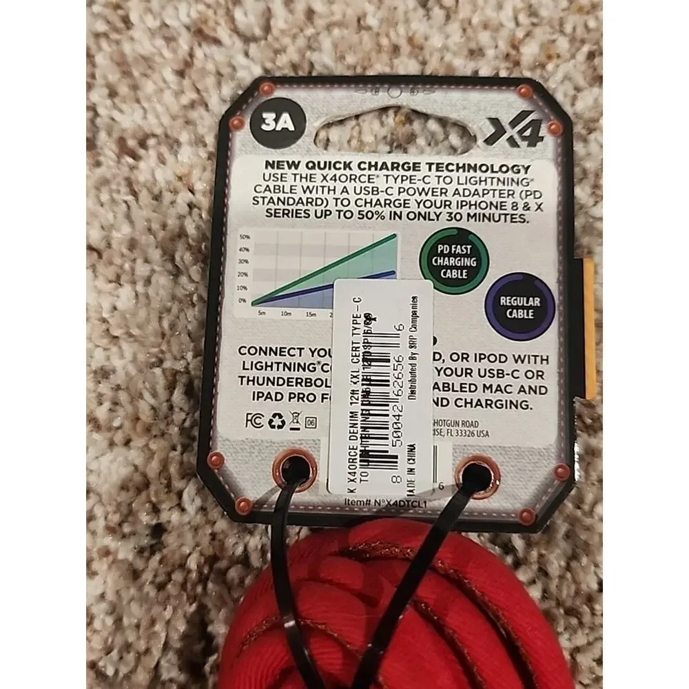 X4orce Red Denim Lightning To Type-C 12 Ft MFI Certified 50% In 30 Mins